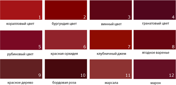 Цветовая таблица бордовых оттенков